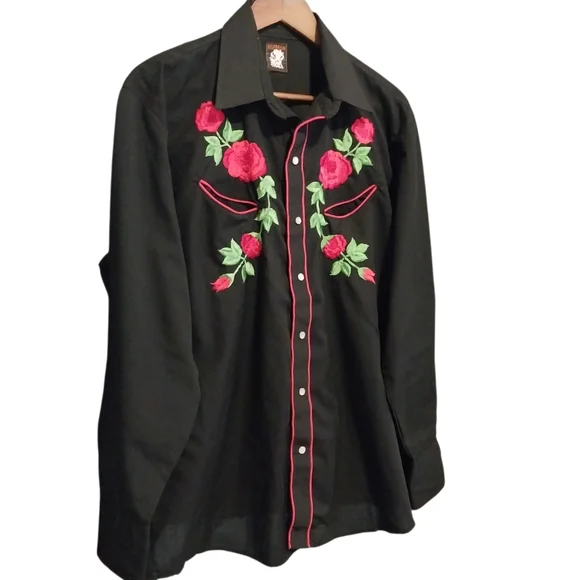 VTG Karman Cowboy Western Peal Snap Embroidered Floral Roses Shirt 80s Mens - Picture 6 of 10